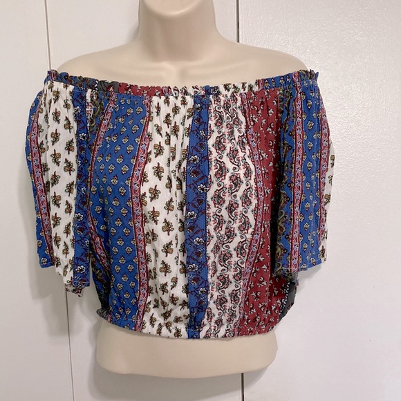 BLEUH CIEL On or Off Shoulder Short Sleeve Boho Bohemian Blouse Womans Medium - Picture 3 of 12